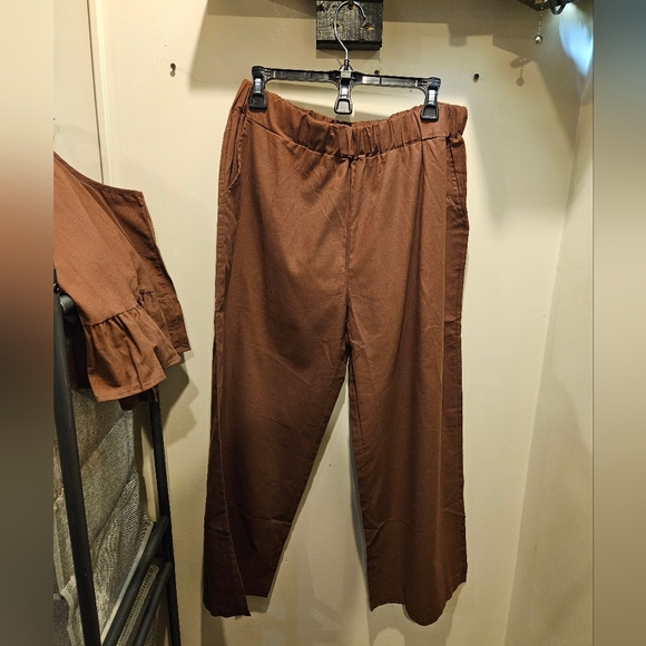 BROWN RUFFLE HEM TANK AND WIDE-LEG PANTS SET - Picture 5 of 5